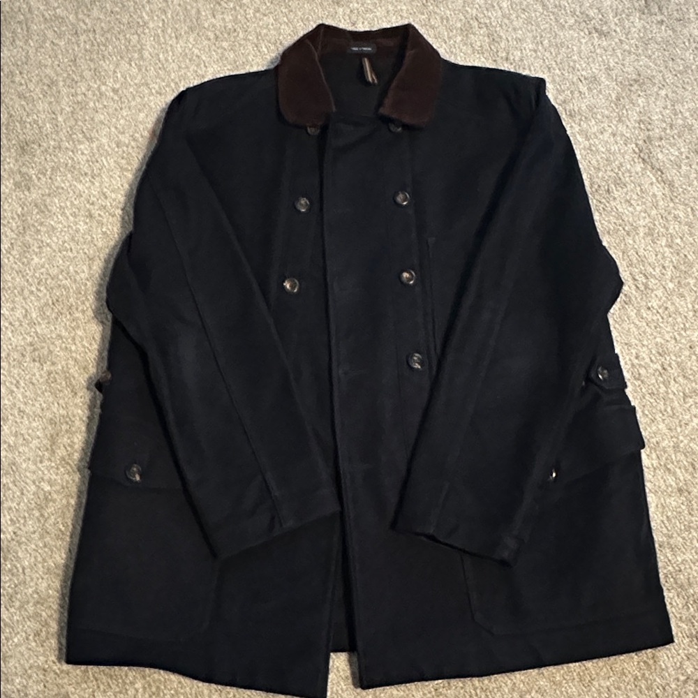 Drakes Navy Trench Coat with Brown Corduroy Collar sz 44